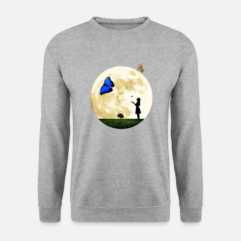 Mädchen im Mond mit Schmetterlingen - Unisex Pullover - Weißgrau meliert