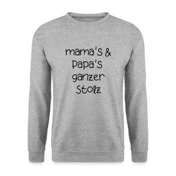 mama papa Eltern stolz Kinder babys Schrift - Unisex Pullover - Weißgrau meliert - Vorne - Alina (178cm) & Michal (187cm)