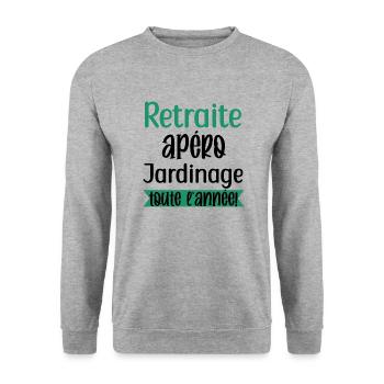 Retraite apéro jardinage cadeau jardin jardinier - Sweat-shirt Unisexe - gris chiné - Devant - Alina (178cm) & Michal (187cm)