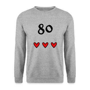 80 JAHRE. 80-jähriges JUBILÄUM. JUBILÄUM 80 JAHRE - Unisex Pullover - Weißgrau meliert - Vorne - Alina (178cm) & Michal (187cm)