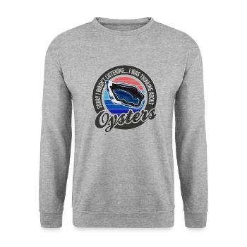 Penser aux huîtres Ironic Quote Seafood Chef - Sweat-shirt Unisexe - gris chiné - Devant - Alina (178cm) & Michal (187cm)