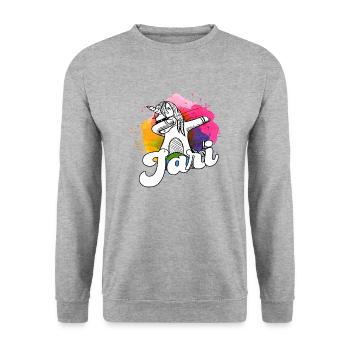 JARI - Beau nom de garçon avec licorne cool - Sweat-shirt Unisexe - gris chiné - Devant - Alina (178cm) & Michal (187cm)
