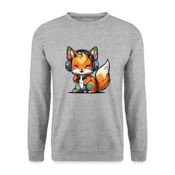 Kawaii Süßer Fröhlicher Bunter Fuchs mit Kopfhörern - Unisex Pullover - Weißgrau meliert - Vorne - Alina (178cm) & Michal (187cm)