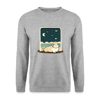 Niedliche mollige Robbe am Ufer mit Nachthimmel - Unisex Pullover - Weißgrau meliert - Vorne - Alina (178cm) & Michal (187cm)