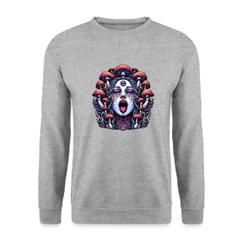 Trippy Woman Face with Magic Mushrooms - Unisex Sweatshirt - salt & pepper - Front - Alina (178cm) & Michal (187cm)