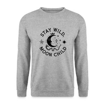 Bleib wild Mondkind - Astronomy Design - Unisex Pullover - Weißgrau meliert - Vorne - Alina (178cm) & Michal (187cm)