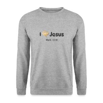 Conception chrétienne J’aime Jésus Marc 12:30 - Sweat-shirt Unisexe - gris chiné - Devant - Alina (178cm) & Michal (187cm)