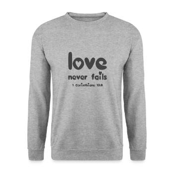 Christliche Designliebe versagt nie 1. Korinther - Unisex Pullover - Weißgrau meliert - Vorne - Alina (178cm) & Michal (187cm)