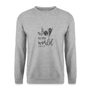 Conception chrétienne de Noël Joie au monde Luc - Sweat-shirt Unisexe - gris chiné - Devant - Alina (178cm) & Michal (187cm)