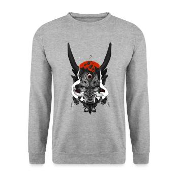 Japan Oni Maske - Unisex Pullover - Weißgrau meliert - Vorne - Alina (178cm) & Michal (187cm)