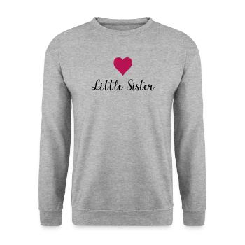 "Little Sister" Schriftzug Geschenk Idee - Unisex Pullover - Weißgrau meliert - Vorne - Alina (178cm) & Michal (187cm)
