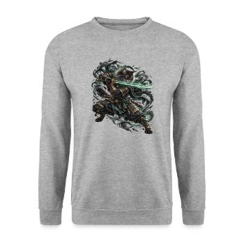 Samurai Cat Shadowfang – Epische Schatten Katze - Unisex Pullover - Weißgrau meliert - Vorne - Alina (178cm) & Michal (187cm)