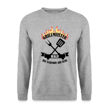 Grillmeister Ralf lustiger Spruch Vorname - Unisex Pullover - Weißgrau meliert - Vorne - Alina (178cm) & Michal (187cm)