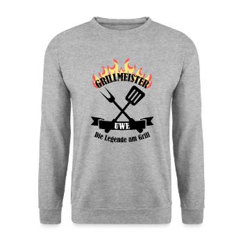 Grillmeister Uwe lustiger Spruch Vorname - Unisex Pullover - Weißgrau meliert - Vorne - Alina (178cm) & Michal (187cm)