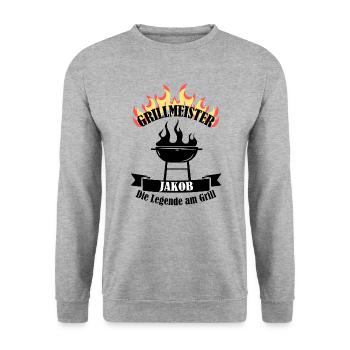 Grillmeister Jakob lustiger Spruch Vorname - Unisex Pullover - Weißgrau meliert - Vorne - Alina (178cm) & Michal (187cm)