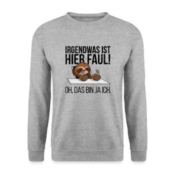 Irgendwas ist hier faul oh das bin ja ich - Unisex Pullover - Weißgrau meliert - Vorne - Alina (178cm) & Michal (187cm)