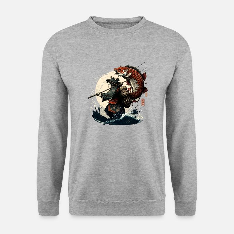 Japanischer Krieger fängt einen großen Fisch - Unisex Pullover - Weißgrau meliert