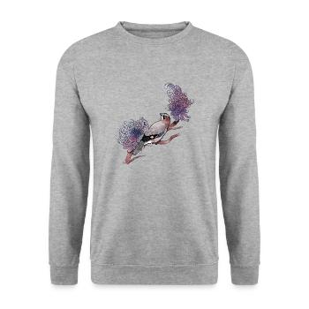 Eichelhäher auf Dahlie - Unisex Pullover - Weißgrau meliert - Vorne - Alina (178cm) & Michal (187cm)