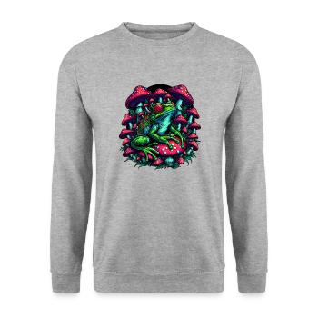 Psychedelischer Frosch mit Pilzen - Unisex Pullover - Weißgrau meliert - Vorne - Alina (178cm) & Michal (187cm)