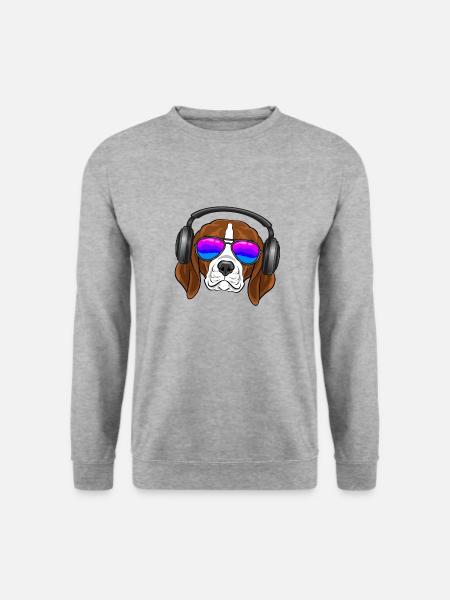 Ein cooler Beagle mit Brille, Kopfhörern, Musik - Unisex Pullover - Weißgrau meliert