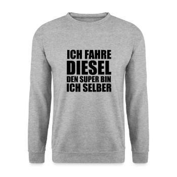 Ich fahre Diesel denn Super bin ich selber - Unisex Pullover - Weißgrau meliert - Vorne - Alina (178cm) & Michal (187cm)