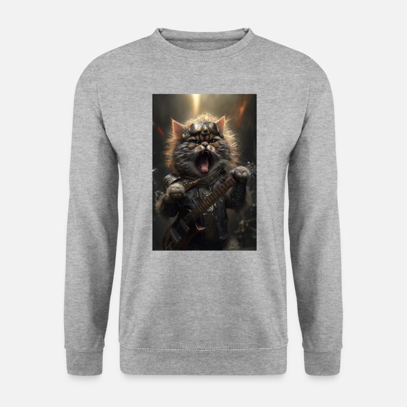 Katze Heavy Metal Sänger Rock Cool Gitarre Musik - Unisex Pullover - Weißgrau meliert