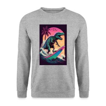 Dino Dinosaur Surfing Surfer Retro Vaporwave - Unisex Sweatshirt - salt & pepper - Front - Alina (178cm) & Michal (187cm)