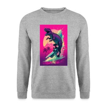 Dino Dinosaur Surfing Surfer Retro Vaporwave - Unisex Sweatshirt - salt & pepper - Front - Alina (178cm) & Michal (187cm)