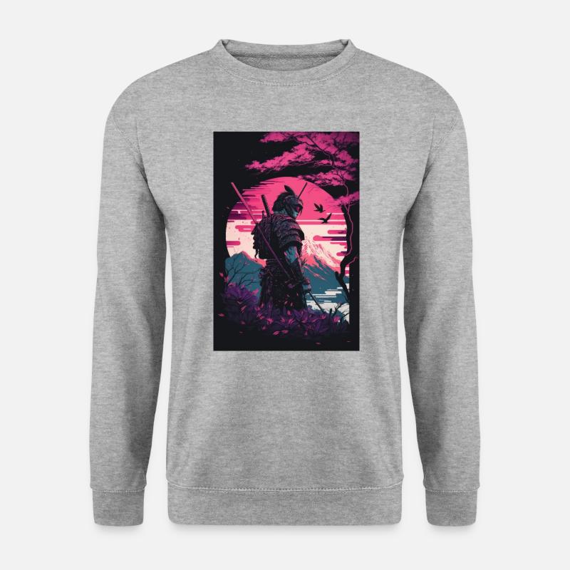 Samurai Vaporwave 80s Retro Japan Sakura 90s Anime - Unisex Pullover - Weißgrau meliert