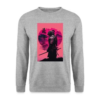 Samurai Vaporwave 80s Retro Japan Sakura 90s Anime - Unisex Pullover - Weißgrau meliert - Vorne - Alina (178cm) & Michal (187cm)