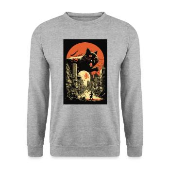 Katze Monster Zerstört Stadt Japan Anime Manga - Unisex Pullover - Weißgrau meliert - Vorne - Alina (178cm) & Michal (187cm)