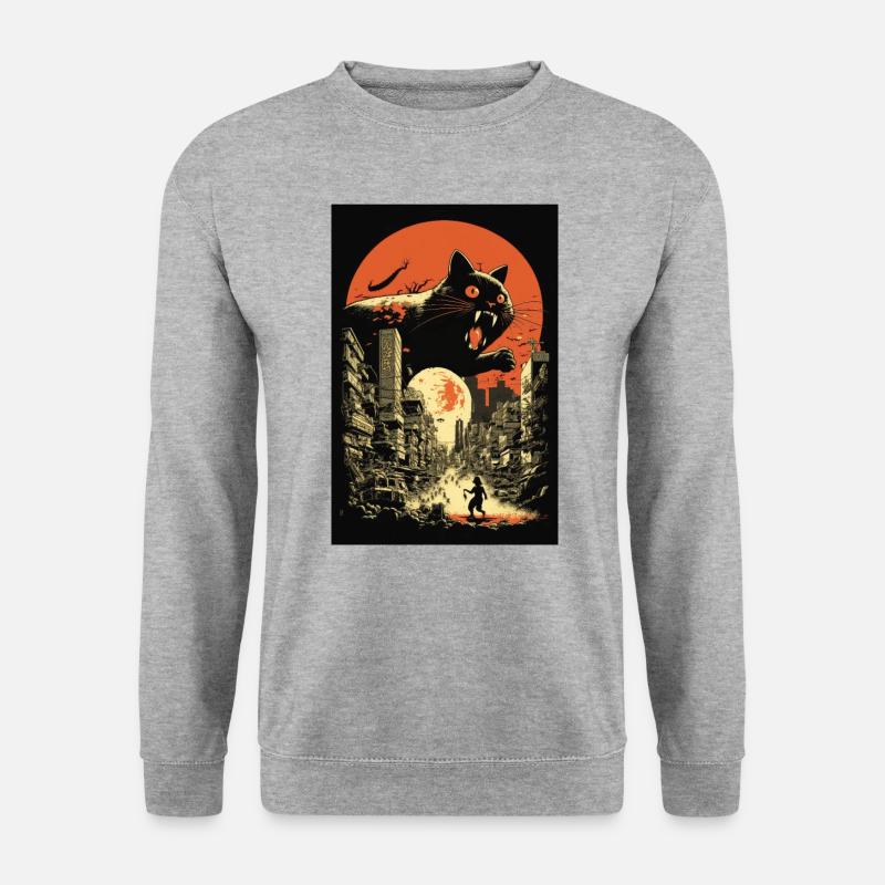 Katze Monster Zerstört Stadt Japan Anime Manga - Unisex Pullover - Weißgrau meliert