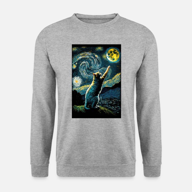 Katze Van Gogh Style Mond Sterne Nachts - Unisex Pullover - Weißgrau meliert