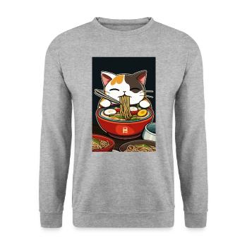 Katze Japanische Ramen Otaku Anime - Unisex Pullover - Weißgrau meliert - Vorne - Alina (178cm) & Michal (187cm)