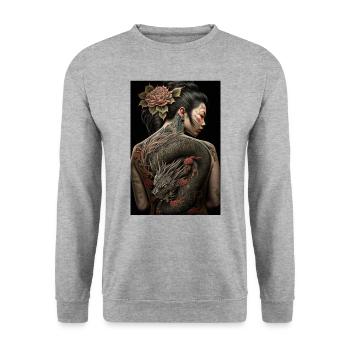 Geisha Yakuza Tatouage Dragon Japonais - Sweat-shirt Unisexe - gris chiné - Devant - Alina (178cm) & Michal (187cm)