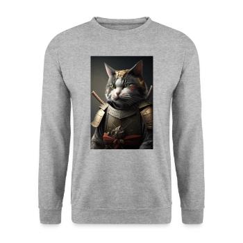 Samurai Katze Cat Cool Japan Krieger - Unisex Pullover - Weißgrau meliert - Vorne - Alina (178cm) & Michal (187cm)