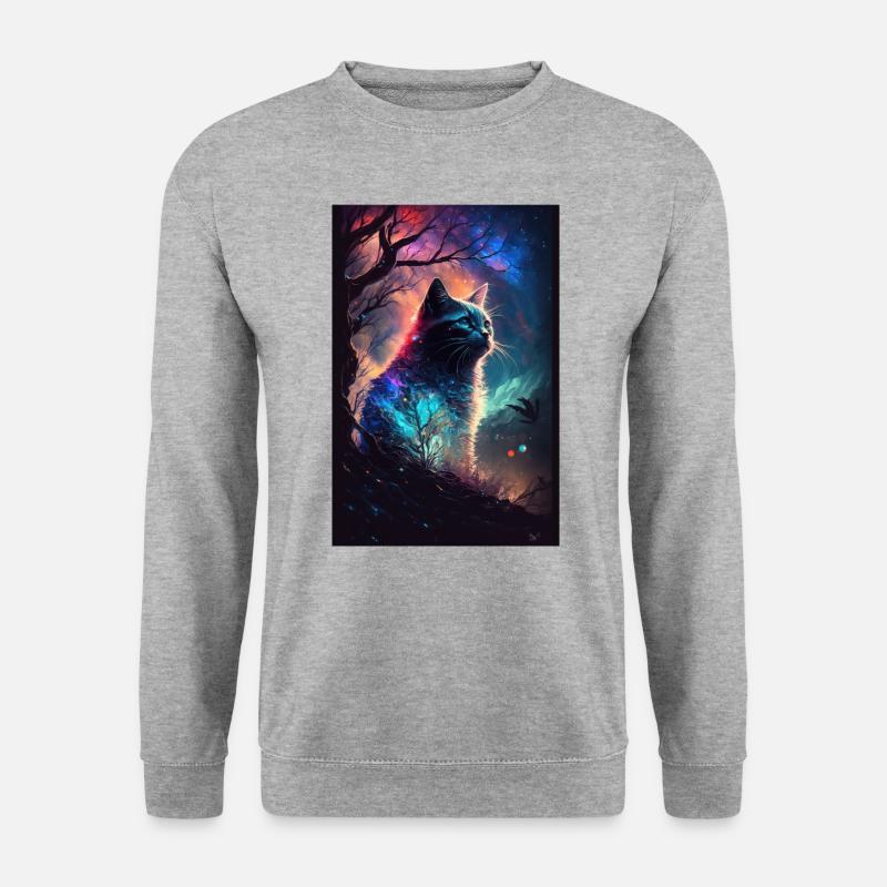 Katze Weltall Sternenhimmel Cosmos Polarlicht - Unisex Pullover - Weißgrau meliert
