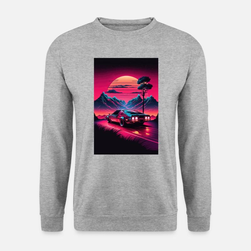 Synthwave Landshaft Rennauto Retro Sonne Palmen - Unisex Pullover - Weißgrau meliert