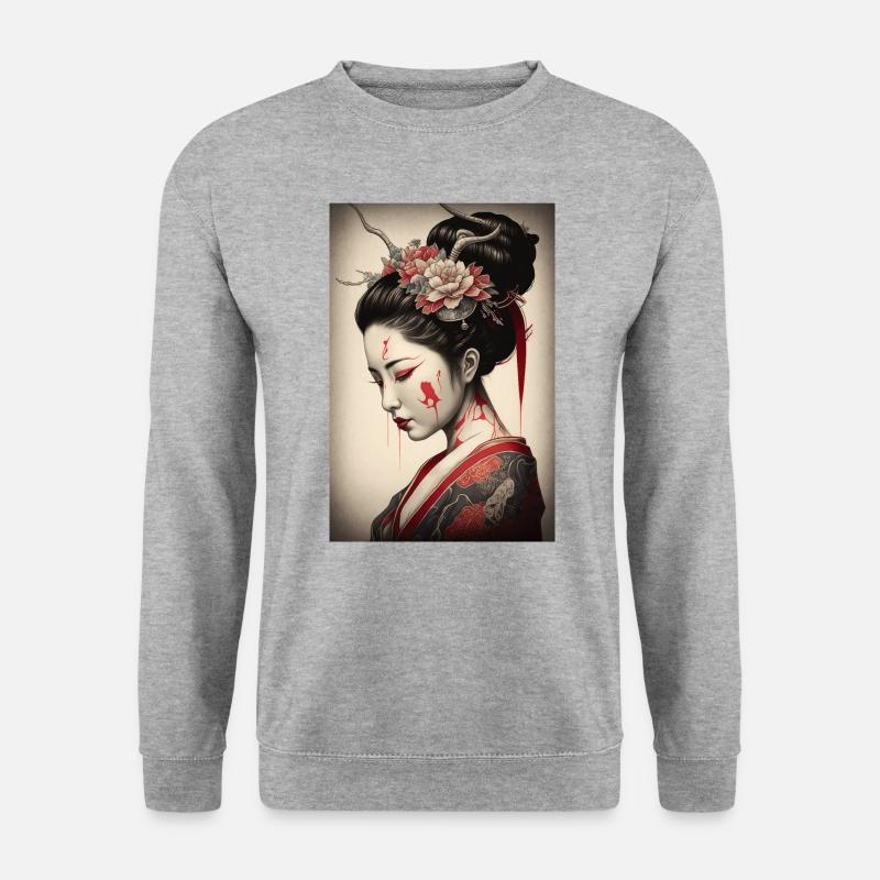 Geisha Portrait Japanisch Kimono Traditionrlles - Unisex Pullover - Weißgrau meliert