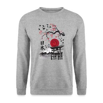 Japanische Kunst Fuji Torii - Unisex Pullover - Weißgrau meliert - Vorne - Alina (178cm) & Michal (187cm)