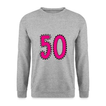 50. 50 JAHRE. 50-JÄHRIGES JUBILÄUM. 50-JÄHRIGES JUBILÄUM. - Unisex Pullover - Weißgrau meliert - Vorne - Alina (178cm) & Michal (187cm)