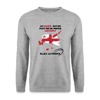 Rosbif Saignant. Allez la France. Rugby Supporter - Sweat-shirt Unisexe - gris chiné - Devant - Alina (178cm) & Michal (187cm)