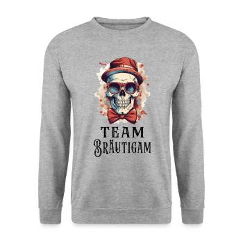 JGA Team Bräutigam Totenkopf Junggesellenabschied - Unisex Pullover - Weißgrau meliert - Vorne - Alina (178cm) & Michal (187cm)