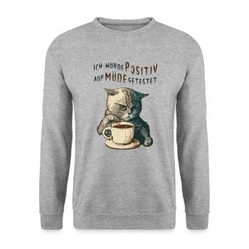 Katze Kaffee müde - Unisex Pullover - Weißgrau meliert - Vorne - Alina (178cm) & Michal (187cm)