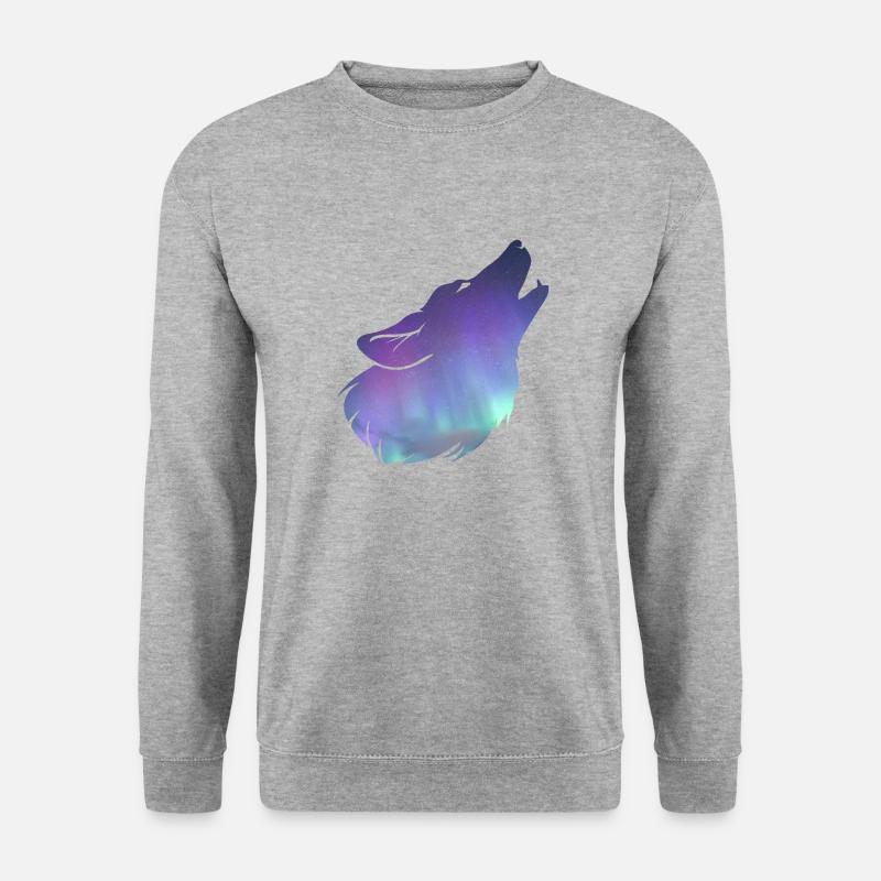 Wolf heeulen mit Nordlicht-Effekt - Unisex Pullover - Weißgrau meliert