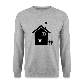 Umzug Hausbau Partnerschaft Lesbisch Pride - Unisex Pullover - Weißgrau meliert - Vorne - Alina (178cm) & Michal (187cm)