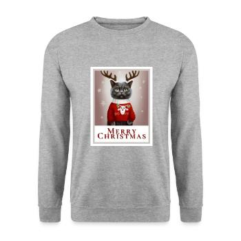 Süße britische Katze in einem festlichen roten Pullover. - Unisex Pullover - Weißgrau meliert - Vorne - Alina (178cm) & Michal (187cm)