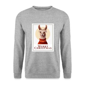 Bild eines süßen Lamas in einem Weihnachtspullover - Unisex Pullover - Weißgrau meliert - Vorne - Alina (178cm) & Michal (187cm)