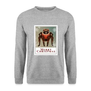 Porträt einer Vogelspinne in einem festlichen Pullover. - Unisex Pullover - Weißgrau meliert - Vorne - Alina (178cm) & Michal (187cm)