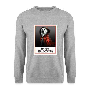 Golden Retriever trägt einen roten Halloween-Mantel. - Unisex Pullover - Weißgrau meliert - Vorne - Alina (178cm) & Michal (187cm)